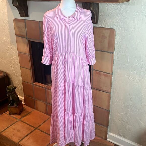 A Loves A Pinstripe Pink and White Striped Tiered Midi Shirt Dress, size L - Picture 1 of 10